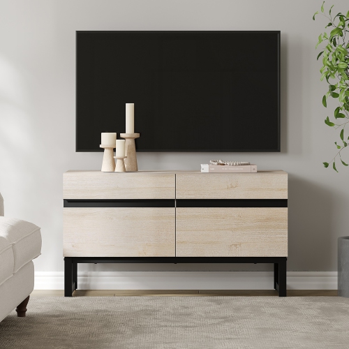 Image 1 of 8.. WAMPAT Modern TV Stand for TVs up to 50 inch, TV Entertainment Center Console Table with Storage Cabinet, Wood Media Console for Living Room,Light Oak