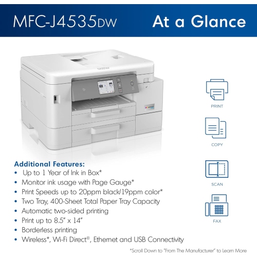 Open Box - Brother MFC-J4535DW All-in-One Color Inkjet Printer with NFC, Duplex and Wireless Printing Plus, White