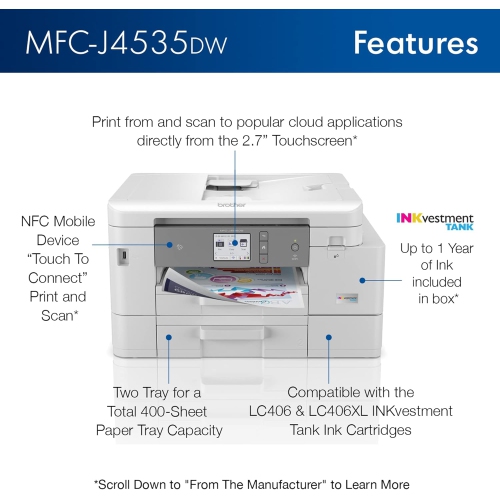 Open Box - Brother MFC-J4535DW All-in-One Color Inkjet Printer with NFC, Duplex and Wireless Printing Plus, White