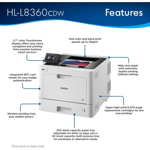Brother HL-L8360CDW Colour Wireless Laser Printer | Fast 33ppm, Secure Duplex Printing, NFC, Touchscreen, Mobile & Cloud Ready for High-Volume Offices