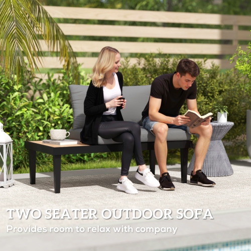 Outsunny Outdoor Sofa Couch, 2 Seater Patio Sofa Loveseat with Wood Grain Side Tray Table, Patio Furniture Couch with Cushions and Steel Frame for