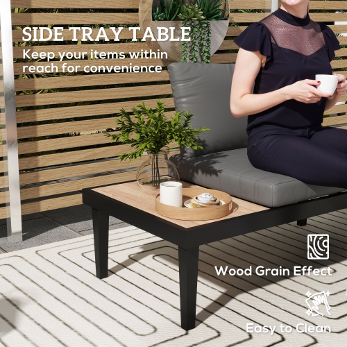 Outsunny Outdoor Sofa Couch, 2 Seater Patio Sofa Loveseat with Wood Grain Side Tray Table, Patio Furniture Couch with Cushions and Steel Frame for