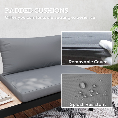 Outsunny Outdoor Sofa Couch, 2 Seater Patio Sofa Loveseat with Wood Grain Side Tray Table, Patio Furniture Couch with Cushions and Steel Frame for