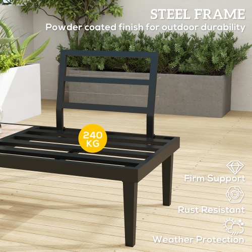 Outsunny Outdoor Sofa Couch, 2 Seater Patio Sofa Loveseat with Wood Grain Side Tray Table, Patio Furniture Couch with Cushions and Steel Frame for