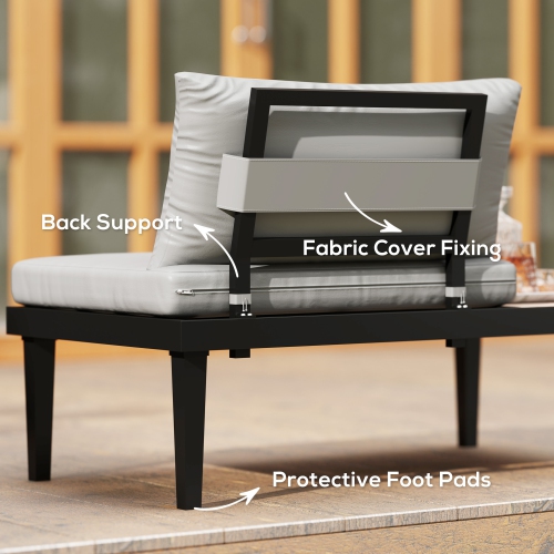 Outsunny Outdoor Sofa Couch, 2 Seater Patio Sofa Loveseat with Wood Grain Side Tray Table, Patio Furniture Couch with Cushions and Steel Frame for