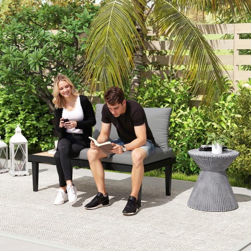 Outsunny Outdoor Sofa Couch, 2 Seater Patio Sofa Loveseat with Wood Grain Side Tray Table, Patio Furniture Couch with Cushions and Steel Frame for