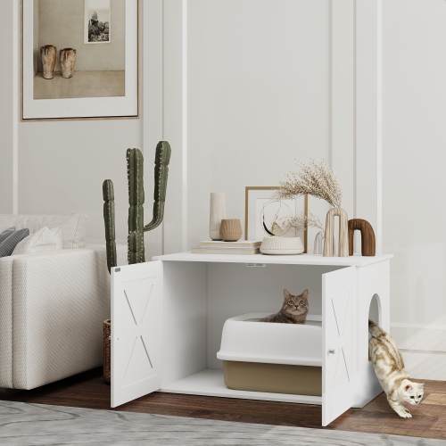 PawHut Cat Litter Box Enclosure, Hidden Washroom Furniture with Doors, Cat Hole, Handles, Indoor Pet House Side End Table Fit Most of Cat and Litter