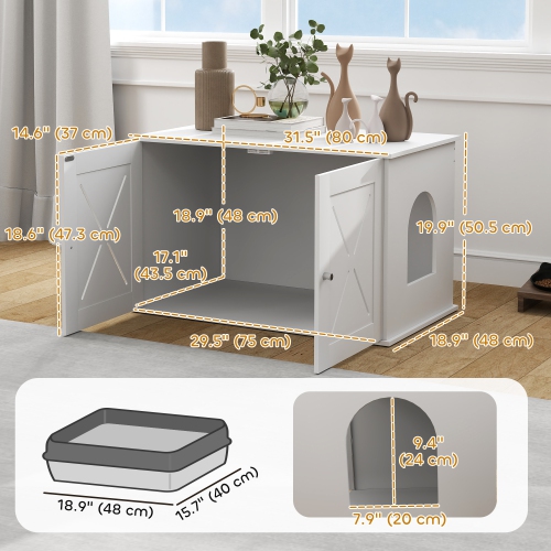 PawHut Cat Litter Box Enclosure, Hidden Washroom Furniture with Doors, Cat Hole, Handles, Indoor Pet House Side End Table Fit Most of Cat and Litter
