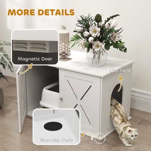 PawHut Cat Litter Box Enclosure, Hidden Washroom Furniture with Doors, Cat Hole, Handles, Indoor Pet House Side End Table Fit Most of Cat and Litter