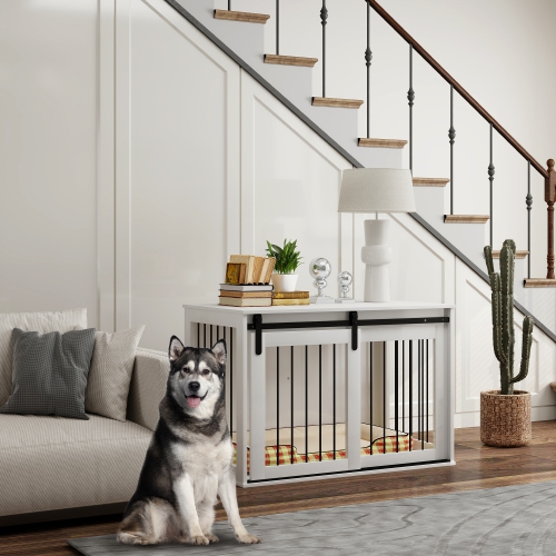 PawHut Dog Crate Furniture, 39" Dog Crate End Table Indoor Dog House for Large Dogs, with Sliding Door, Lock, White