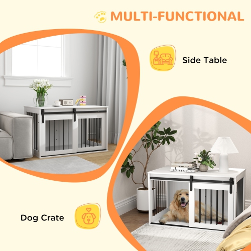 PawHut Dog Crate Furniture, 39" Dog Crate End Table Indoor Dog House for Large Dogs, with Sliding Door, Lock, White