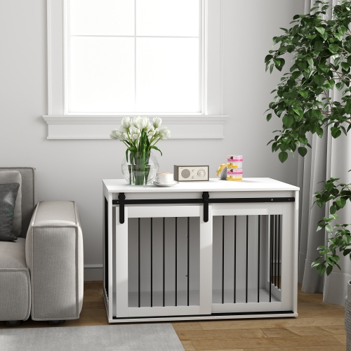 PawHut Dog Crate Furniture, 39" Dog Crate End Table Indoor Dog House for Large Dogs, with Sliding Door, Lock, White