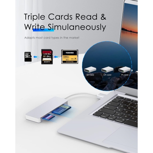 USB 3.0 to CF/SD/Micro SD Card Reader, SD 3.0 Card Adapter for SD/SDHC/SDXC/MMC/RS-MMC/Micro SD/Micro SDHC/Micro SDXC/CF Type I, Windows, MacOS,