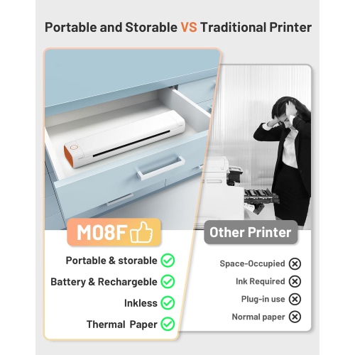 Phomemo Thermal Portable Printer M08F Wireless for Travel - Bluetooth Compact Printer Support 8.5" X 11" Thermal Paper