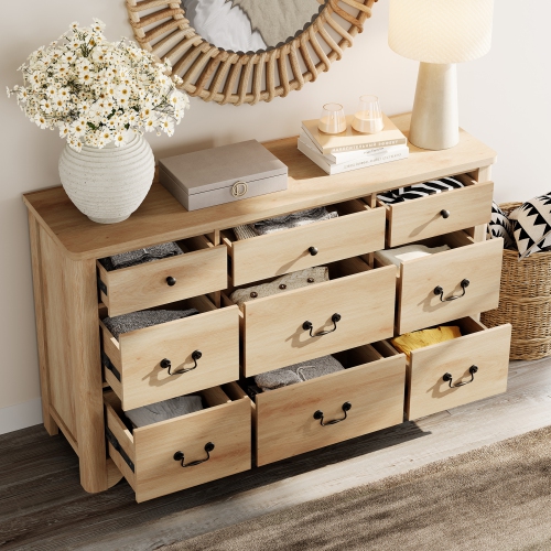 WAMPAT 9 Drawers Dresser for Bedroom,Farmhouse Dresser Chest of Drawers,Modern TV Stand Wood Dresser with Large Storage Dressers Organizer for