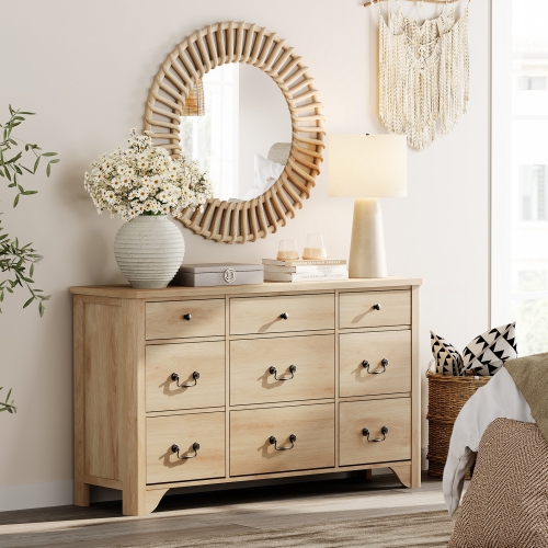 WAMPAT 9 Drawers Dresser for Bedroom,Farmhouse Dresser Chest of Drawers,Modern TV Stand Wood Dresser with Large Storage Dressers Organizer for