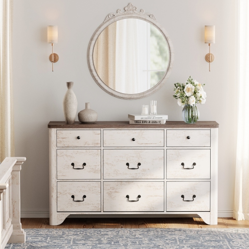 WAMPAT 9 Drawers Dresser for Bedroom,Farmhouse Dresser Chest of Drawers,Modern TV Stand Wood Dresser with Large Storage Dressers Organizer for