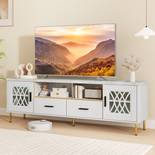 Gymax Modern Faux Marble Entertainment Center 71-Inch TV Stand for 80'' TVs White