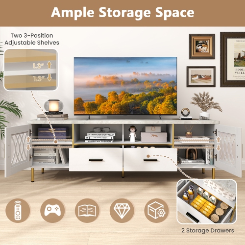Gymax Modern Faux Marble Entertainment Center 71-Inch TV Stand for 80'' TVs White