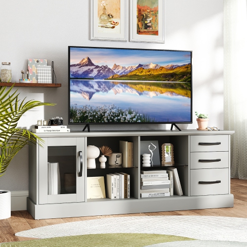 Gymax 63'' Media Console Table w/ 3 Drawers 2 Glass Shelves Cable Holes for Living Room