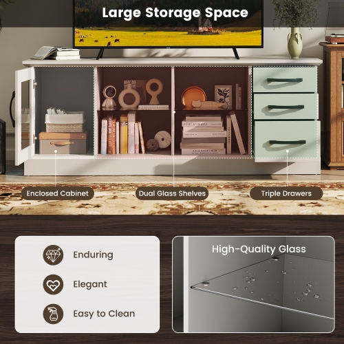 Gymax 63'' Media Console Table w/ 3 Drawers 2 Glass Shelves Cable Holes for Living Room