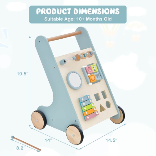 Gymax Wooden Baby Walker Toddler Push Walker w/ Xylophone & Flip Blocks Blue