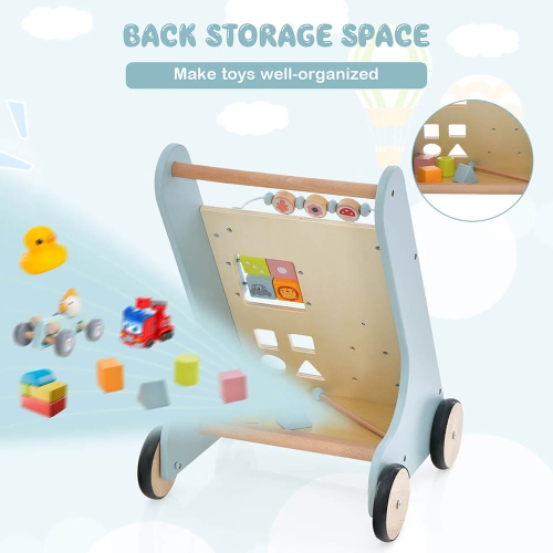 Gymax Wooden Baby Walker Toddler Push Walker w/ Xylophone & Flip Blocks Blue