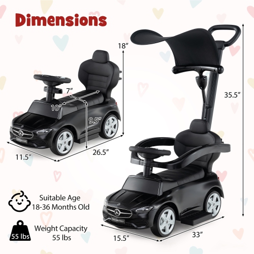 Gymax 3-in-1 Toddler Push Car w/Adjustable Canopy Under Seat Storage Realistic Sounds