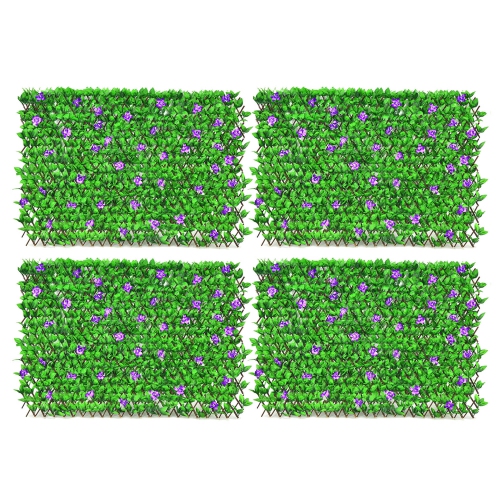 GYMAX  4PCs Expandable Fence Privacy Screen Decorative Faux Ivy Panel W/ Flowers In Purple