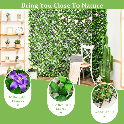 Gymax 4PCS Expandable Fence Privacy Screen Decorative Faux Ivy Panel w/ Purple Flowers