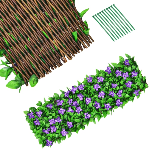 Gymax 4PCS Expandable Fence Privacy Screen Decorative Faux Ivy Panel w/ Purple Flowers