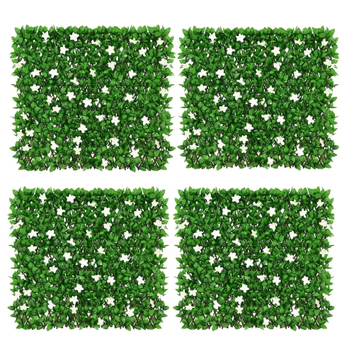GYMAX  4PCs Expandable Fence Privacy Screen Decorative Faux Ivy Panel W/ Flowers In White