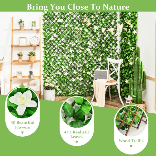 Gymax 4PCS Expandable Fence Privacy Screen Decorative Faux Ivy Panel w/ White Flowers