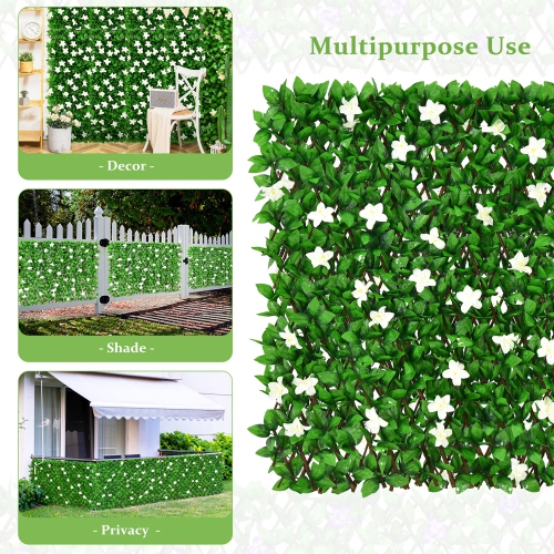 Gymax 4PCS Expandable Fence Privacy Screen Decorative Faux Ivy Panel w/ White Flowers
