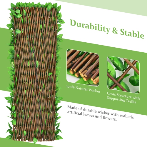 Gymax 4PCS Expandable Fence Privacy Screen Decorative Faux Ivy Panel w/ White Flowers