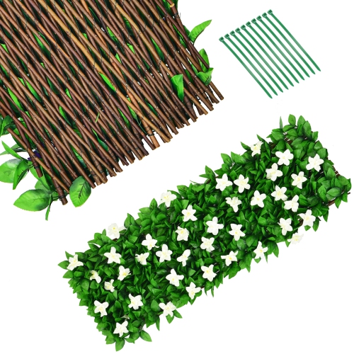 Gymax 4PCS Expandable Fence Privacy Screen Decorative Faux Ivy Panel w/ White Flowers