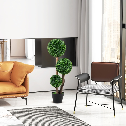 Gymax 36'' Faux Potted Plant w/3 Topiary Balls Solid Wood Trunks Mimic Rattans & Moss