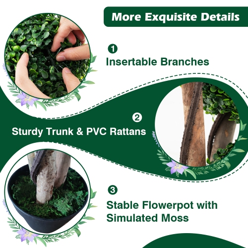 Gymax 36'' Faux Potted Plant w/3 Topiary Balls Solid Wood Trunks Mimic Rattans & Moss