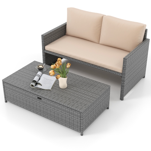 Gymax 2 PCS Patio Loveseat w/ 31 Gal Multifunctional Storage Ottoman & Soft Cushions