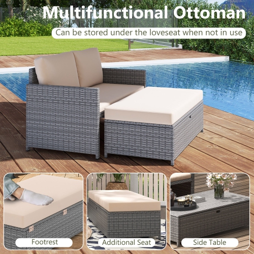 Gymax 2 PCS Patio Loveseat w/ 31 Gal Multifunctional Storage Ottoman & Soft Cushions