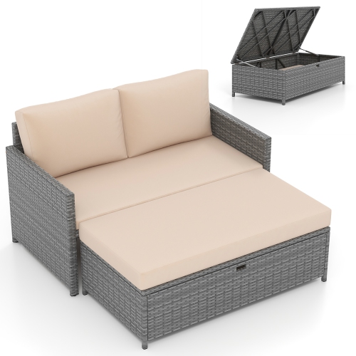 Gymax 2 PCS Patio Loveseat w/ 31 Gal Multifunctional Storage Ottoman & Soft Cushions