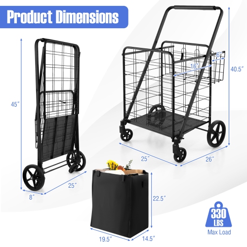 Gymax Folding Shopping Cart Jumbo Upgraded Utility Grocery Cart w/ Waterproof Liner