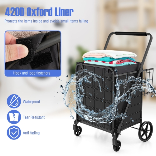 Gymax Folding Shopping Cart Jumbo Upgraded Utility Grocery Cart w/ Waterproof Liner