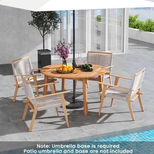 Gymax Round Patio Dining Table Acacia Wood Outdoor Dining Table w/ 2'' Umbrella Hole