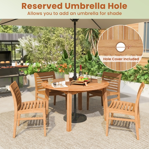 Gymax Round Patio Dining Table Acacia Wood Outdoor Dining Table w/ 2'' Umbrella Hole