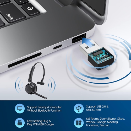 Mopchnic Bluetooth Headset with Upgraded Microphone AI Noise Canceling, On Ear Bluetooth Headset with USB Dongle