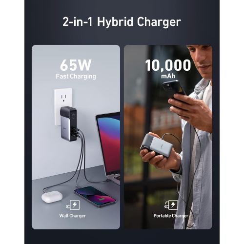 Chargeur portable GaNPrime d'Anker, chargeur hybride 2-en-1, chargeur portatif USB-C 30&nbsp;W de 10&nbsp;000&nbsp;mAh avec chargeur mural 65&nbsp;W