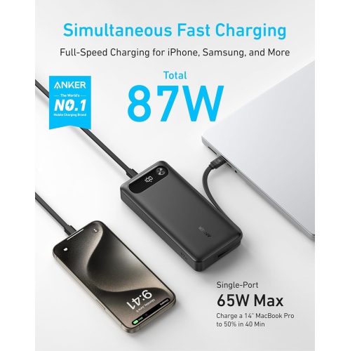 Chargeur portable d'Anker, chargeur portatif 20&nbsp;000&nbsp;mAh avec câble USB-C intégré, batterie de chargement rapide 87&nbsp;W Max pour