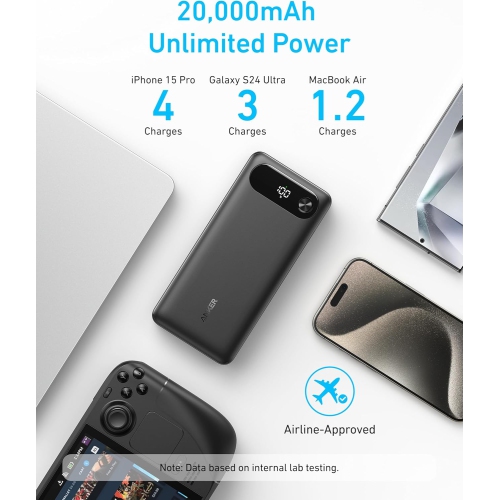 Chargeur portable d'Anker, chargeur portatif 20&nbsp;000&nbsp;mAh avec câble USB-C intégré, batterie de chargement rapide 87&nbsp;W Max pour
