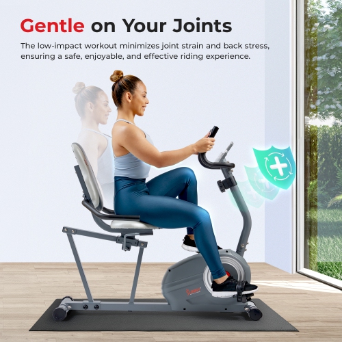 Vélo à position allongée magnétique intelligent Essentials Series de Sunny Health & Fitness avec connectivité Bluetooth améliorée par application